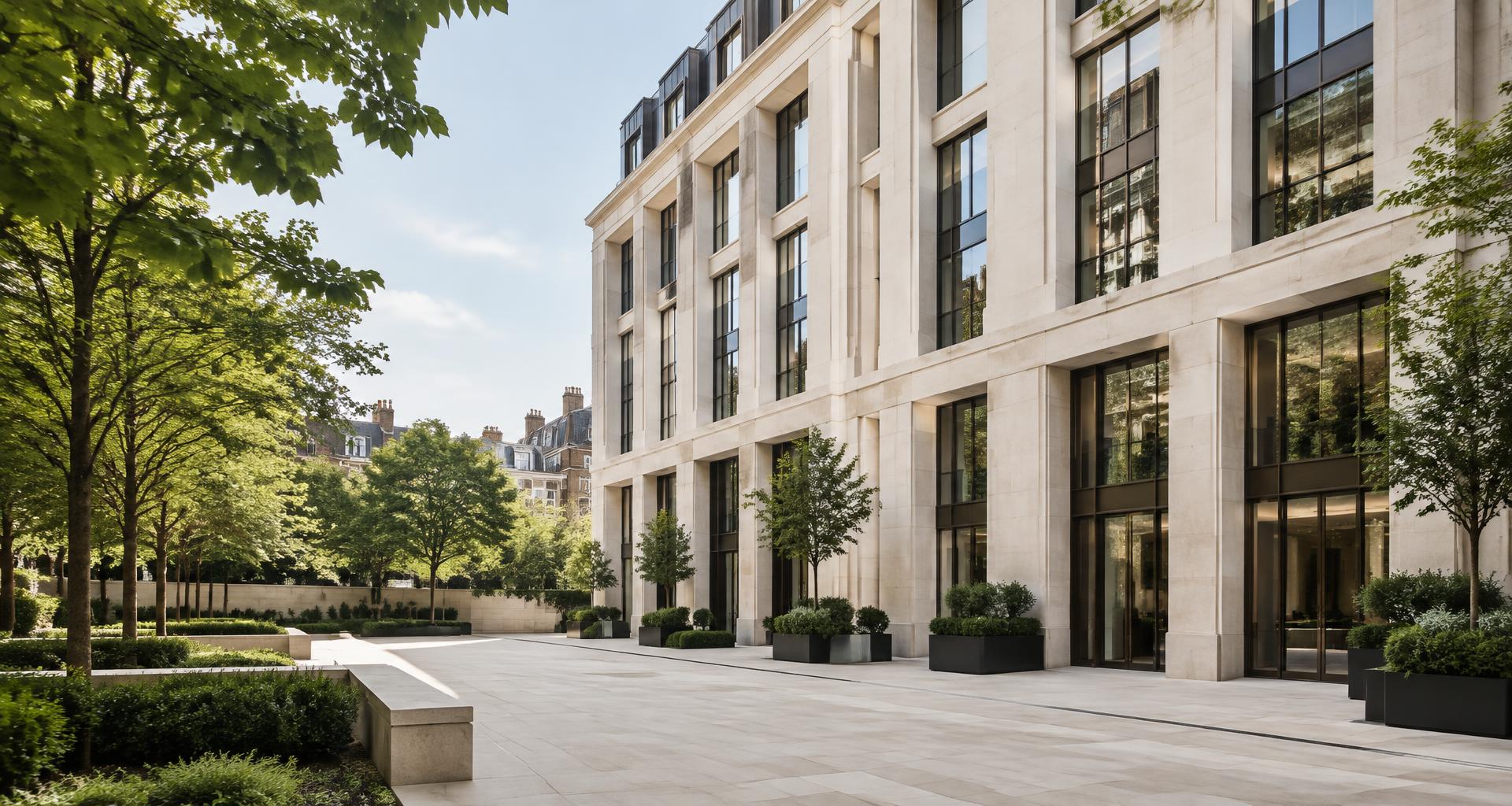 Contemporary British architecture with a landscaped courtyard